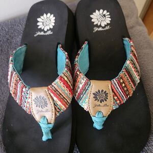 Yellow Box Multicolor Wedge Sandals with Teal Accents